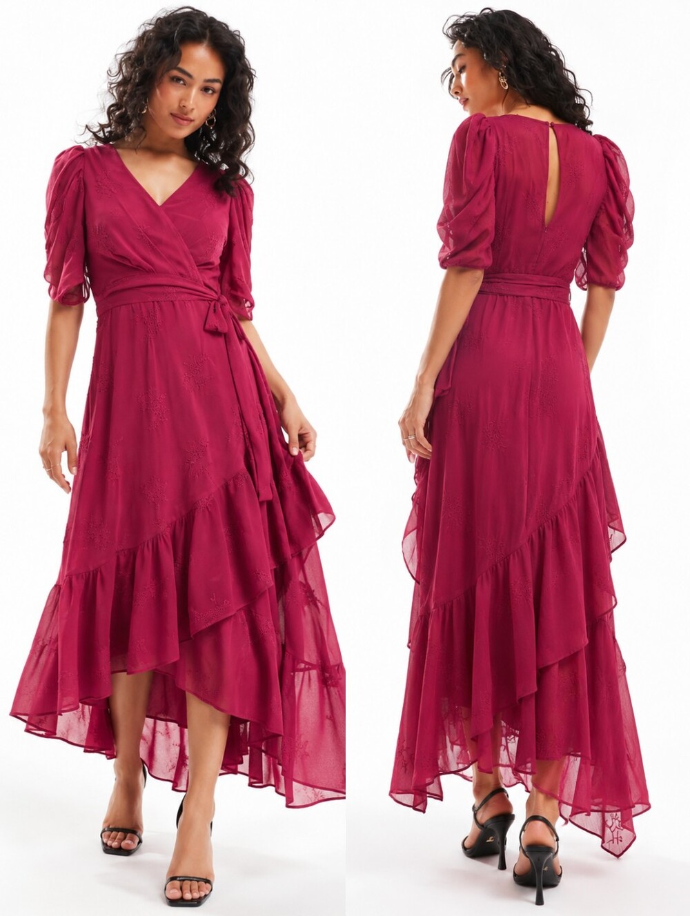 EVER NEW Raspberry Red Chiffon Wrap Style Feminine Midi Dress